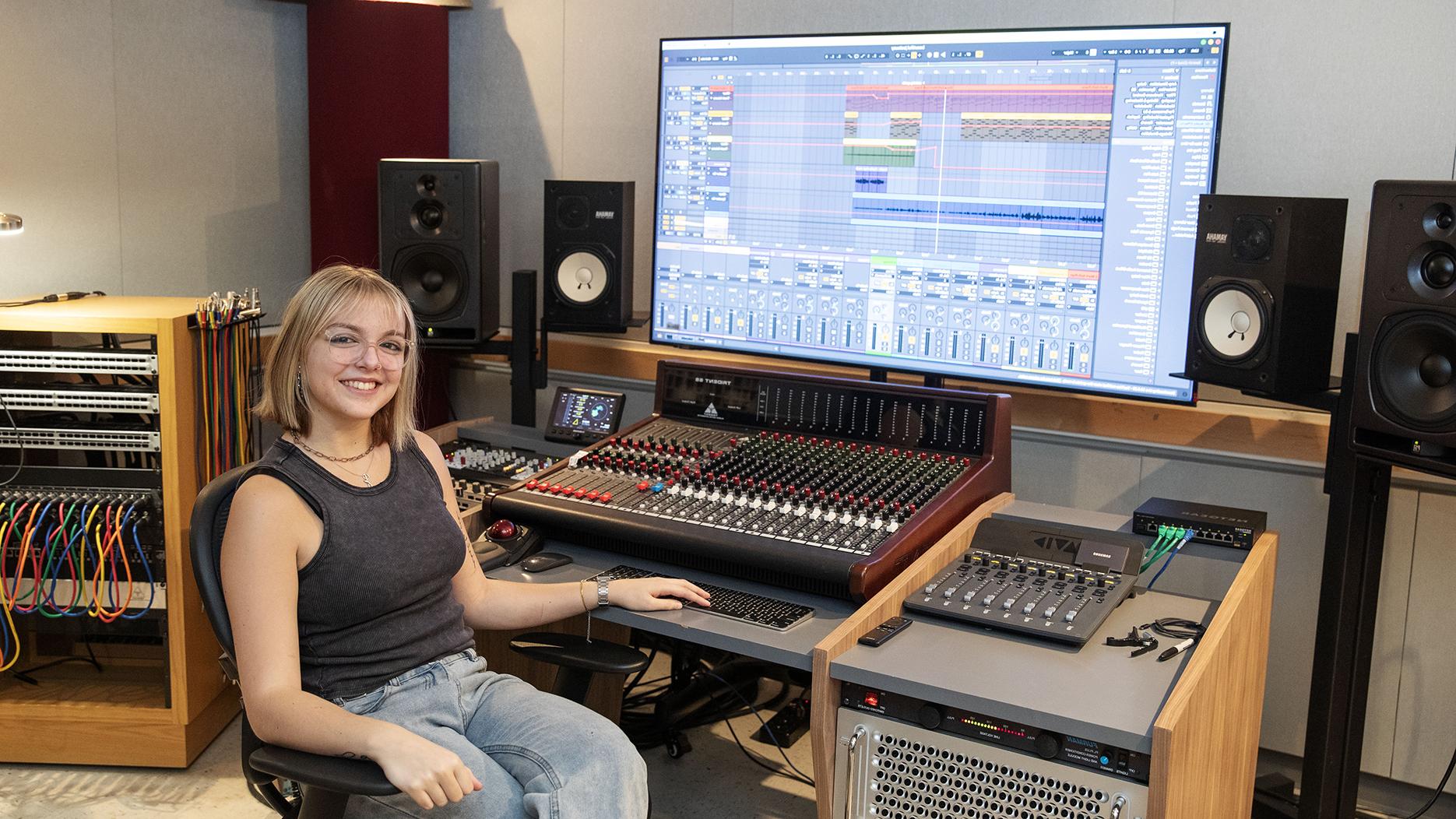 Grace Higginbotham '26 inside Arthur Zankel Music Center's Grossman Recording Studio, where she recorded her album "ilyf." Grace plans to pursue a career in music and says she has thrived in a Skidmore community that supports her many interests.