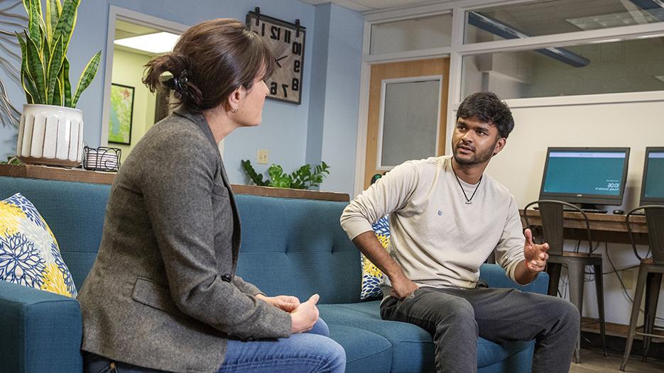  Ankit Gupta ’26 with Academic Counselor and Coordinator of International Student and Scholar Services Chloe Jaleel